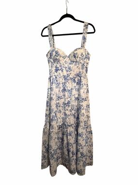 Blue Floral Midi Dress with Sweetheart Bodice